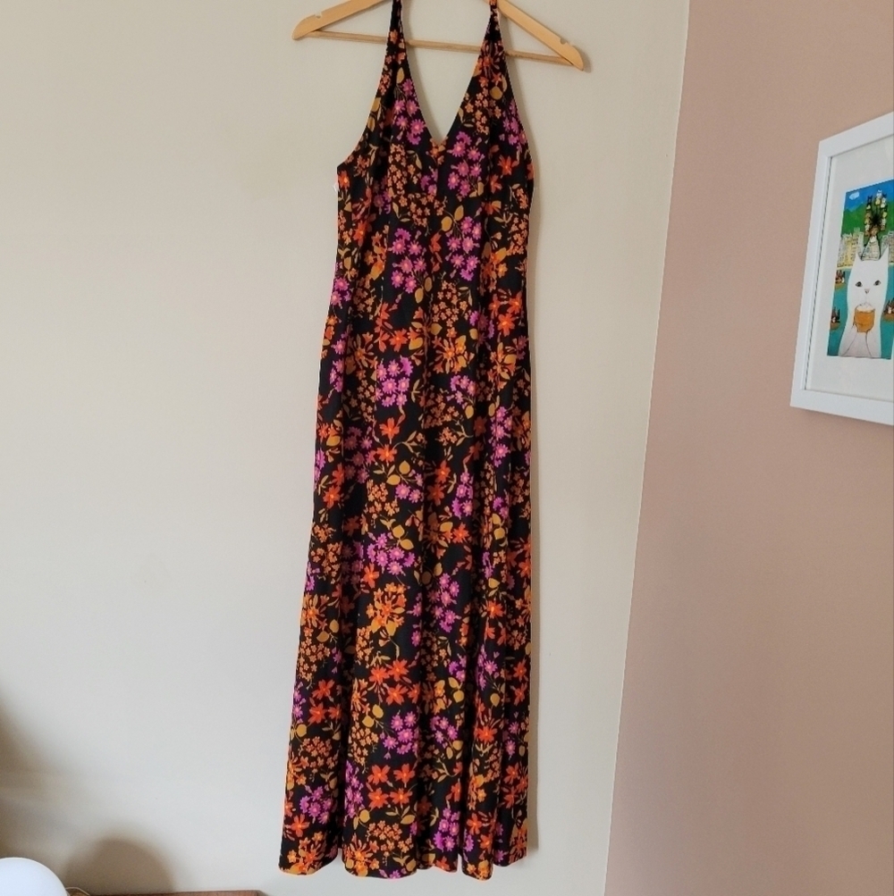 Vintage 60s Flower Power Floral Print Halter Long Maxi Dress with Matching Bag